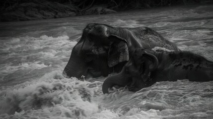 Fototapeta premium Black and white photo of an elephant in water with its trunk submerged