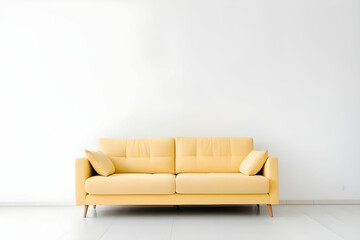 soft empty yellow sofa stands on white isolated background, comfortable fabric couch is alone against the background of white wall, copy space