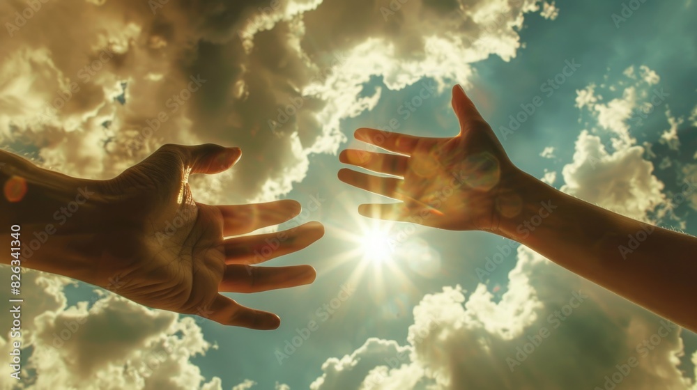 Poster Two hands reaching towards each other against a cloudy sky. Suitable for concepts of unity and hope