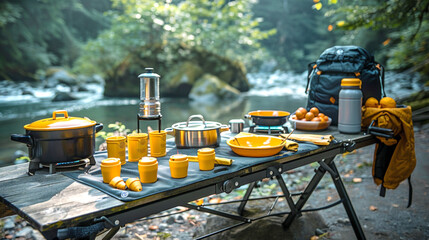 Picnic on the riverbank. Table with cookware set, Cooking gas stove