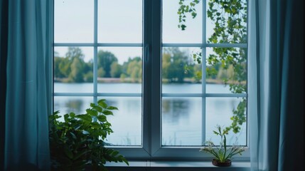 Fototapeta premium A picturesque window overlooking a serene body of water. Ideal for travel or real estate concepts