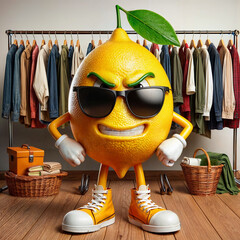 A cartoon lemon standing in front of a rack of clothes, demon, lemon wearing sunglasses, lemon, full body mascot, fashion clothes, 3d illustration created with generative ai.