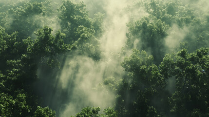 An abstract representation of a dense forest with fluid, swirling patterns and vibrant green hues blending together, creating an ethereal and dreamy atmosphere.