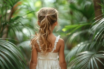 Rear view little blonde curly hair girl in white summer dress walking in summer tropical beach among palm leaves