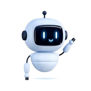 Happy robot. 3d ai character, chat bot mascot isolated on white background, GPT chatbot icon. Artificial intelligence, trendy technology, support service, funny automaton computer vector illustration