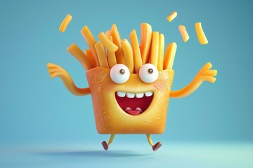 Cheerful 3d animated french fries mascot with a bright smile, surrounded by flying fries on a blue background