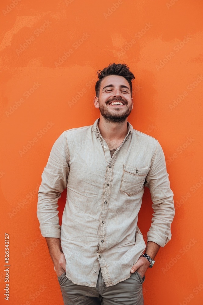 Poster a man standing in front of a vibrant orange wall, suitable for various concepts