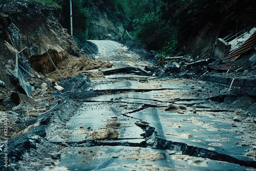 Poster a road that has been damaged by a large pile of dirt. suitable for construction or infrastructure co