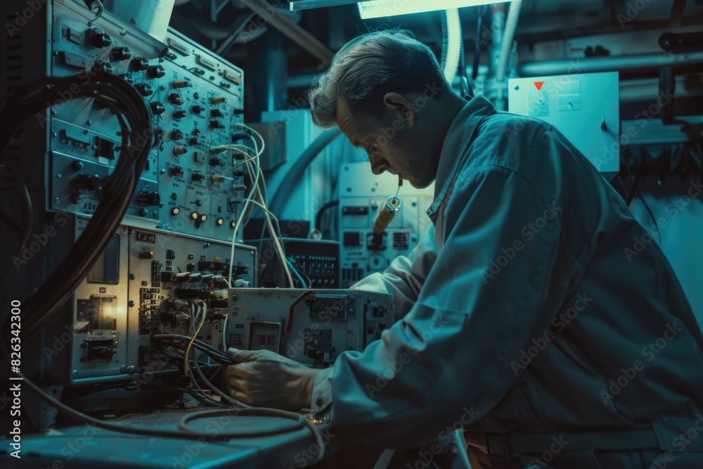 Aufkleber A man in a lab coat working on a machine. Suitable for science and technology concepts
