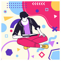 Creative geometric card. Cartoon young character. Happy guy portrait. Casual man reading literature. Abstract Memphis color figures. Male relaxation. Person sitting with book. Vector banner design