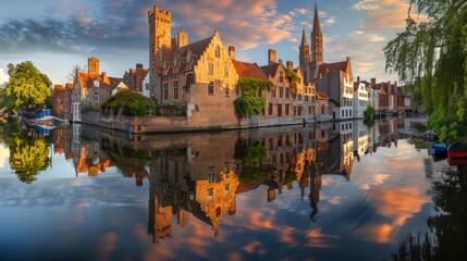 Blue hour sunrise landscape with water reflection houses on Spiegelrei Canal. Bruges, Belgium
