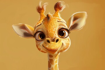 Cute animated giraffe with big eyes and a gentle smile against a soft, warmtoned backdrop