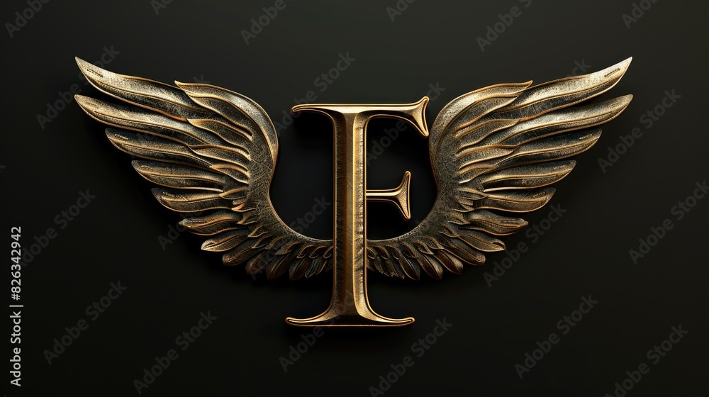 Poster a golden letter with wings on a black background. suitable for design projects and branding