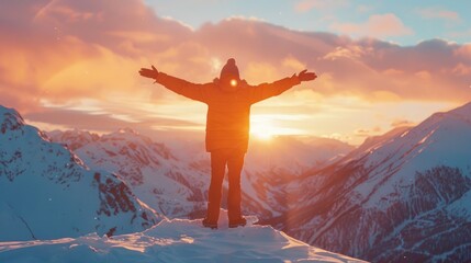 A person standing on top of a snow-covered mountain, perfect for outdoor and adventure concepts