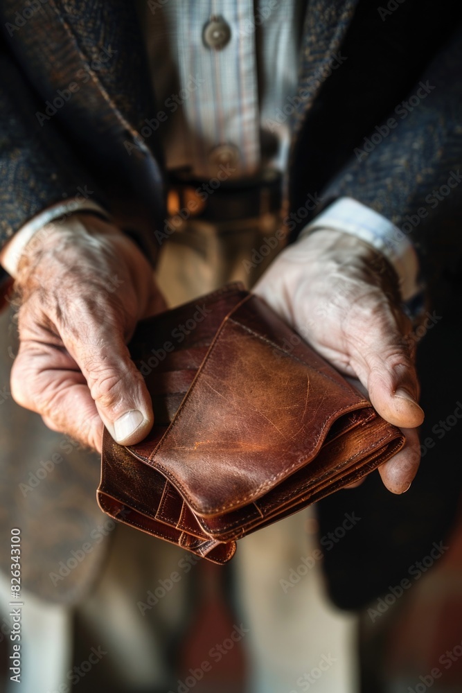 Poster man holding a wallet in his hands. suitable for finance and security concepts
