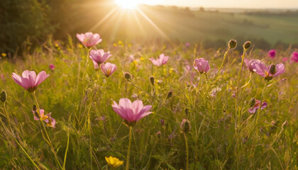 Obraz premium A vast expanse of purple flowers under a bright sun in the background