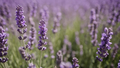 Obraz premium A field of lavender flowers with a blurred background, showcasing the beautiful purple blooms under sunlight