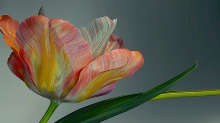  Close-up of a pink and yellow tulip on a green stem against a gray backdrop