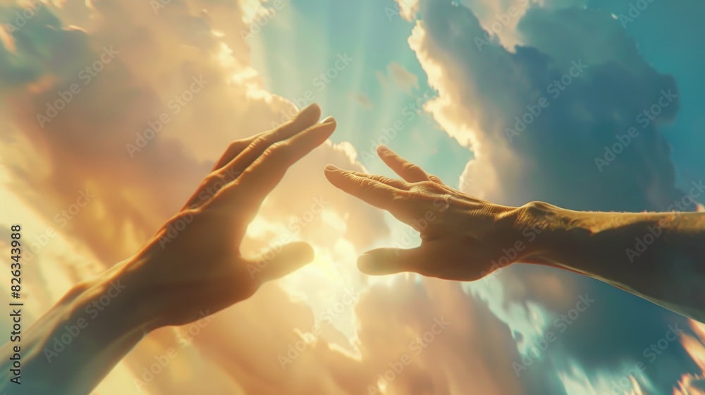 Poster two hands reaching up into the sky with clouds in the background. suitable for inspirational or spir