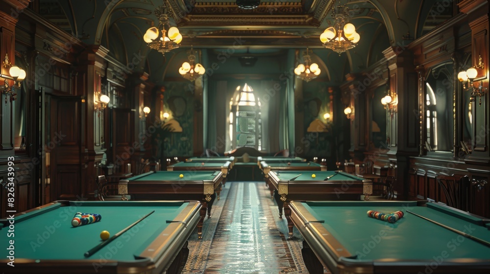 Poster a row of pool tables in a spacious room. ideal for sports and leisure concepts