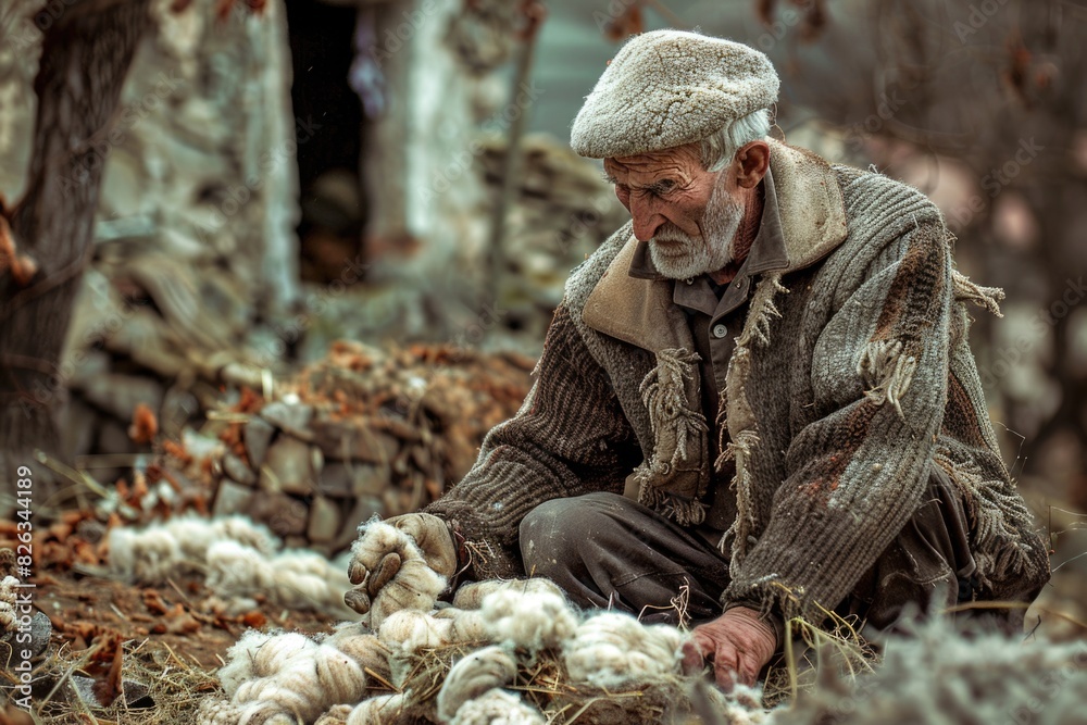 Poster A man sitting on the ground next to a pile of sheep. Suitable for agriculture or farming concepts