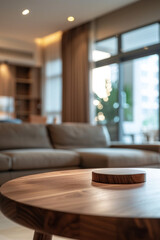 A wooden coffee table in the foreground with a blurred background of a minimalist living room. The background features sleek furniture, clean lines and large windows.