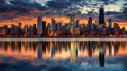 Fototapeta premium Twinkling city lights reflect off the water at dusk, showcasing a stunning urban skyline