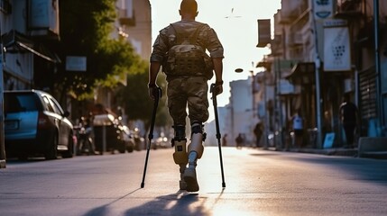 Determined amputee soldier with prosthetic legs walking down an urban street