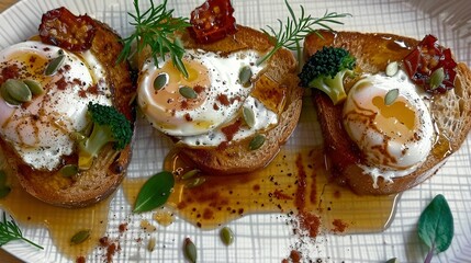 Fototapeta premium Two slices of toasted bread topped with egg and bacon on a white plate