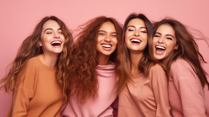 Obraz premium A candid shot of four diverse women sharing a moment of laughter, embodying friendship and happiness