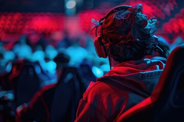 A person wearing headphones sitting in front of a crowd. Suitable for music events or technology concepts