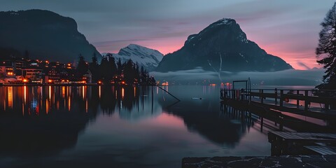 twilight hours, with a majestic mountain mirrored in the calm waters of a lake. The sky is adorned with soft hues of pink, purple, and blue