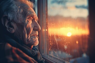 Elderly man observing sunset through window, perfect for retirement or relaxation concept
