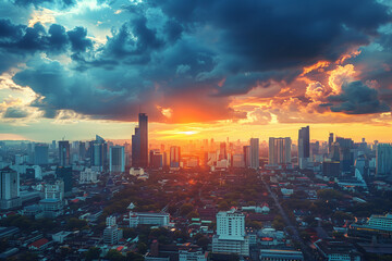 Photo of a futuristic city skyline at sunset