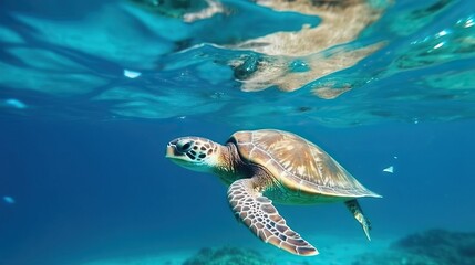 Obraz premium A vivid image of a sea turtle gracefully swimming in the clear blue waters of a tropical sea