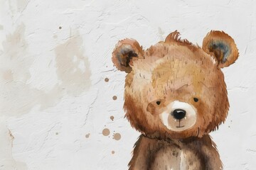Artistic rendering of a cute teddy bear painted in watercolor style, set against a rough white surface