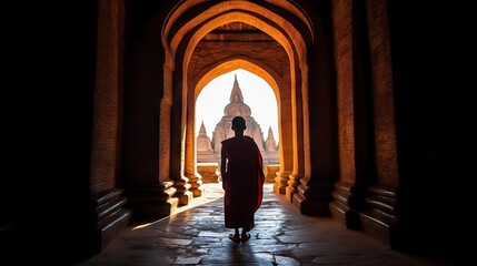 A captivating image of an individual standing in a temple tunnel looking towards a sunlit ancient structure, symbolizing exploration and history