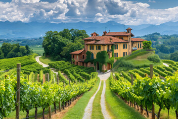 Photo of a serene hillside vineyard with a winery - Powered by Adobe