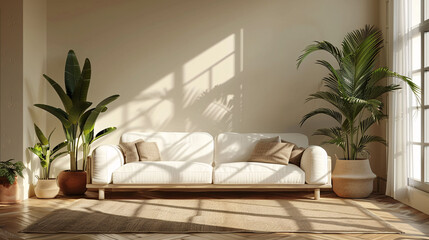 3D mockup of a modern living room with a white wall, green plants, and contemporary furniture