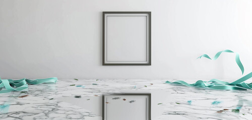3D render of an empty room with a blank frame on a white wall, aqua ribbons, and a reflective marble floor. Ultra high definition mockup.