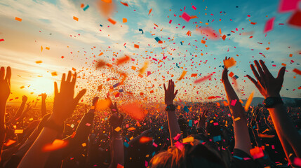 Festival atmosphere with uplifted hands and colorful confetti falling in the sky during sunrise or sunset