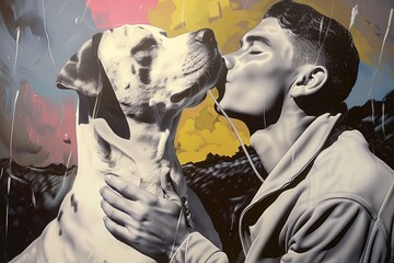 young man loving and kissing his friend dog, pop art illustration animal friendly theme