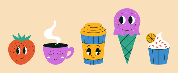 Retro emoticons. Cartoon food characters with smile faces. Abstract color shapes. Coffee glass. Happy ice cream. Hot tea cup. Strawberry and muffin mascots. Emotion expressions. Vector emoji icons set