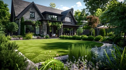 Obraz premium Perfectly Manicured Luxury Estate with Pristine Lawn and Lush Landscaping