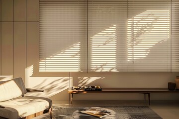 Interior of a modern minimalist living room, soft sunlight filtering through blinds,. Clean lines, neutral tones, and a cozy atmosphere. contemporary chair, a low coffee table, simple design