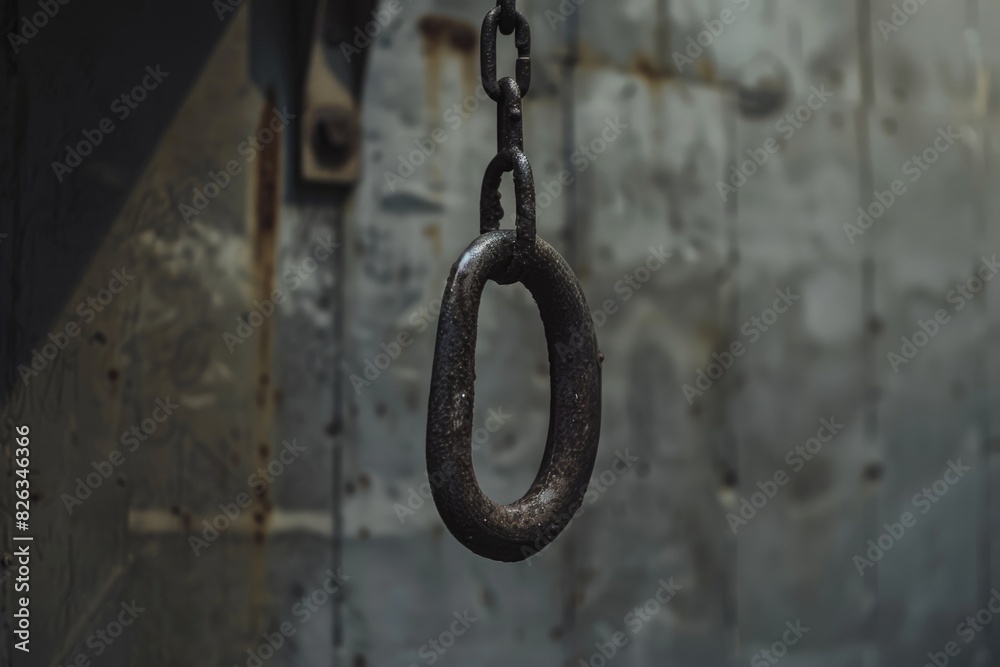 Poster Close-up of a metal object hanging from a chain, suitable for industrial concepts