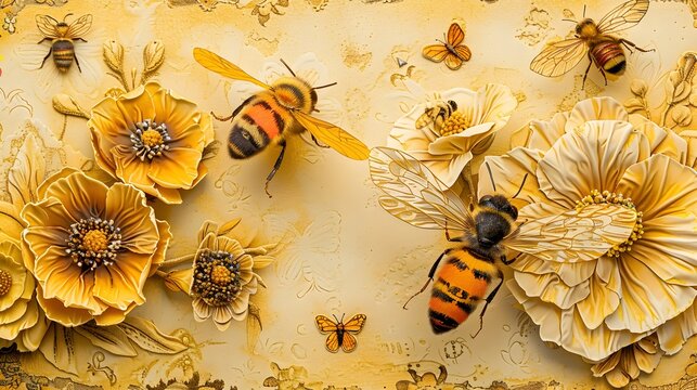 Intricate Pollination on Vintage Paper Texture