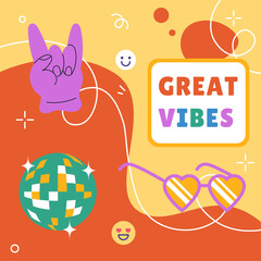 Groovy party. Retro music card. Abstract shapes. Hand rave gesture. Disco club ball. Heart sunglasses. Rock concert. Happy smile. Bright color spots. 90s entertainment. Vector discotheque vibes banner