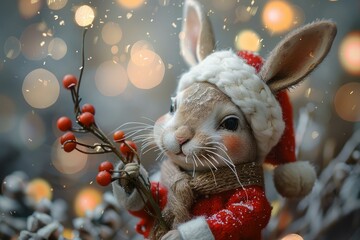 Charming rabbit in a santa hat holds winter berries among soft glowing lights