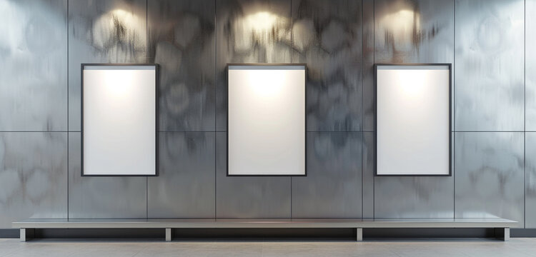 Modern art gallery with three blank frames on a soft silver wall, evenly illuminated, 3D rendering